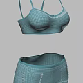 Blue Checkered Bikini Set With Halter Neck Lace Trim And Pocket Shorts