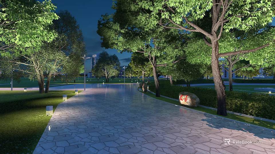 Night Park Landscape Featuring Stone Paved Path Trees Lighting Distant Buildings Red Sign On Stone 3d model 