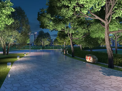 Night Park Landscape Featuring Stone Paved Path Trees Lighting Distant Buildings Red Sign On Stone 3d model