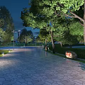 Night Park Landscape Featuring Stone Paved Path Trees Lighting Distant Buildings Red Sign On Stone 3d model