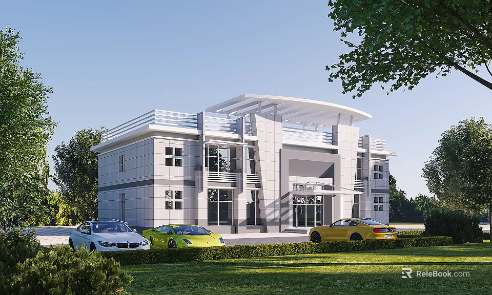 Modern Office Building Featuring White Facade Large Glass Windows Green Lawn And Parked Cars 3d model 