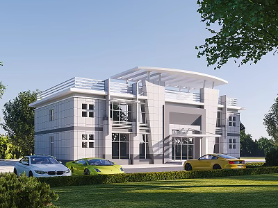 Modern Office Building Featuring White Facade Large Glass Windows Green Lawn And Parked Cars 3d model
