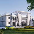 Modern Office Building Featuring White Facade Large Glass Windows Green Lawn And Parked Cars