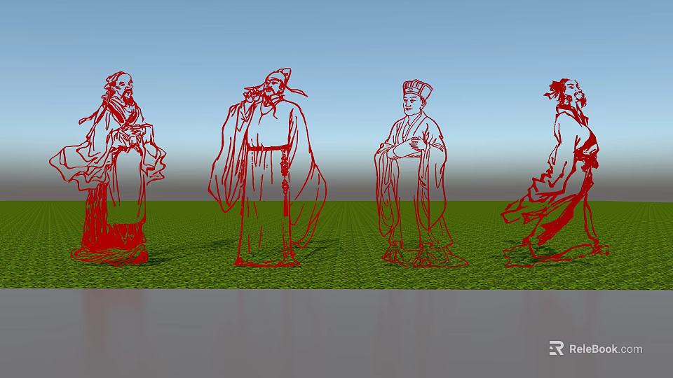 Four Red Ancient Figure Silhouettes Garden Ornaments on Green Grass with Blue Sky 3d model 