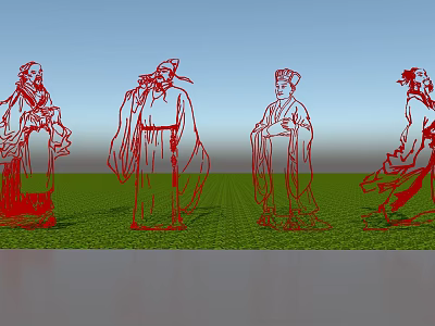 Four Red Ancient Figure Silhouettes Garden Ornaments on Green Grass with Blue Sky 3d model