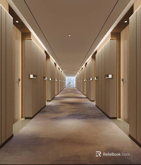 Modern Elevator Hallway Design With Sleek Doors On Both Sides Carpeted Floor And Recessed Lighting 3d model 