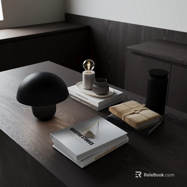 Modern Decorative Ornament Set with Black Mushroom Lamp Small Cups and Stacked Books 3d model 