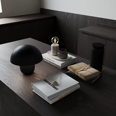 Modern Decorative Ornament Set with Black Mushroom Lamp Small Cups and Stacked Books 3d model