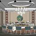Elegant Private Dining Room With Round Table Green Chairs White Tablecloth Chandelier And Green Artwork