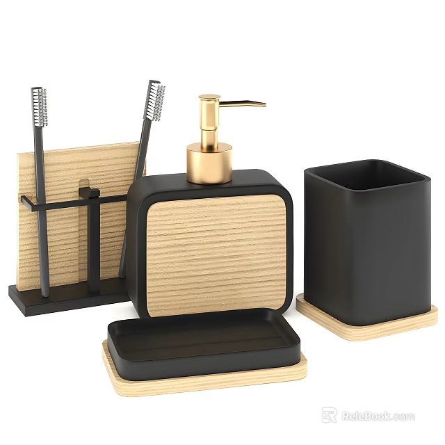 Modern Wooden Black Gold Bathroom Accessories with Toothbrush Holder Soap Dispenser Tumbler and Tray 3d model 