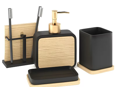 Modern Wooden Black Gold Bathroom Accessories with Toothbrush Holder Soap Dispenser Tumbler and Tray 3d model