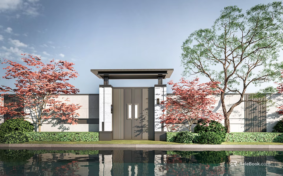 Traditional Chinese Entrance Gate Design With Overhanging Roof Red Maple Trees And Pond Reflection 3d model 
