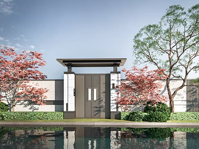 Traditional Chinese Entrance Gate Design With Overhanging Roof Red Maple Trees And Pond Reflection 3d model