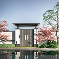 Traditional Chinese Entrance Gate Design With Overhanging Roof Red Maple Trees And Pond Reflection