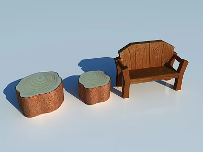 Rustic Wooden Outdoor Chair With Natural Tree Stump Seats For Garden Decoration 3d model