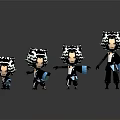 Four White Haired Cartoon Character Figures With Blue And White Outfits In Different Sizes