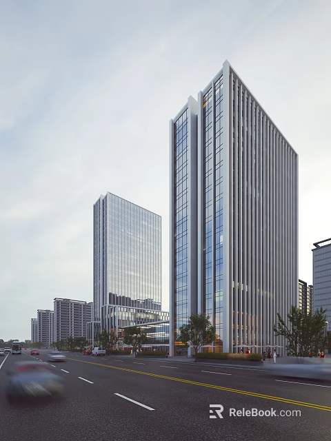 Modern High Rise Office Building With Glass Curtain Wall And Urban Landscape Trees 3d model