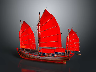 Traditional Chinese Sailing Ship With Red Sails And Wooden Hull Design 3d model
