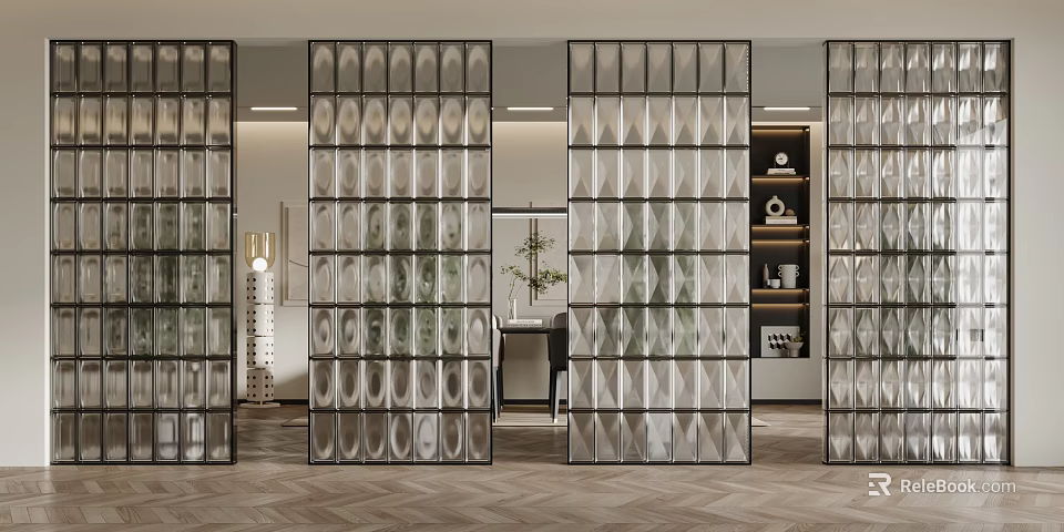 Modern Glass Partition With Geometric Pattern In Contemporary Interior Living Space 3d model 