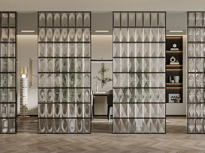 Modern Glass Partition With Geometric Pattern In Contemporary Interior Living Space 3d model