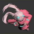 Stylish Woman With Pink Hair And Blue Bows Dancing In Pink Dress On Gray Background