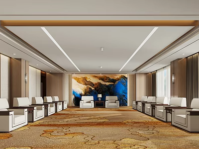 Modern Spacious Conference Room Interior With Long Table White Chairs Patterned Carpet And Decorative Artwork 3d model
