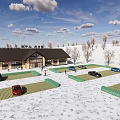 People Skiing And Snowboarding On Snowy Slope With Blue Sky Clouds And Trees