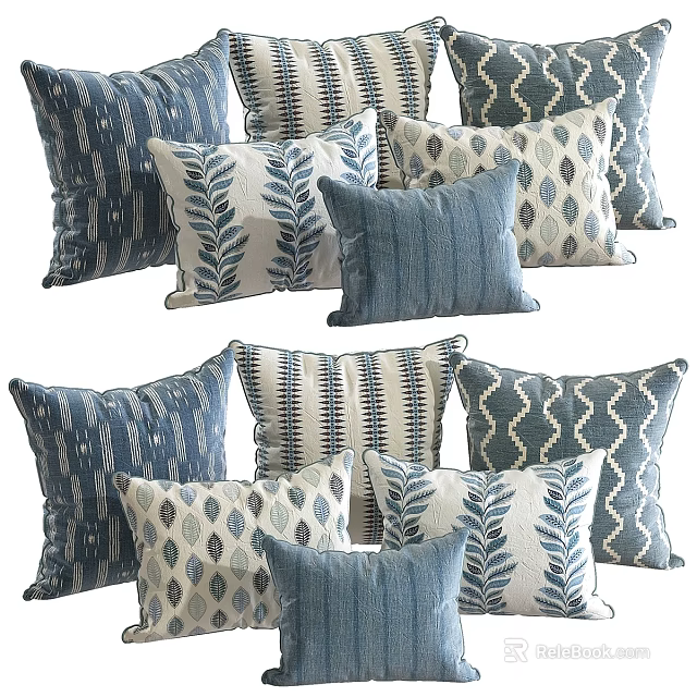 Blue and White Decorative Throw Pillows with Leaf Patterns Geometric Designs and Striped Accents 3d model 