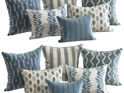 Blue and White Decorative Throw Pillows with Leaf Patterns Geometric Designs and Striped Accents 3d model