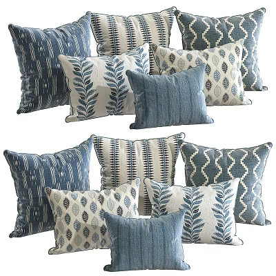 Blue and White Decorative Throw Pillows with Leaf Patterns Geometric Designs and Striped Accents 3d model