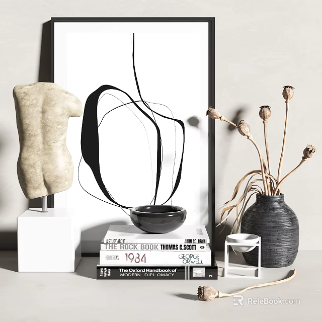 Decorative Ornament Set With Plaster Torso Black Curved Poster Bowl And Vase 3d model 