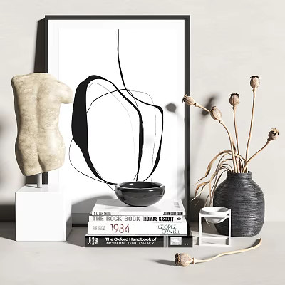 Decorative Ornament Set With Plaster Torso Black Curved Poster Bowl And Vase 3d model