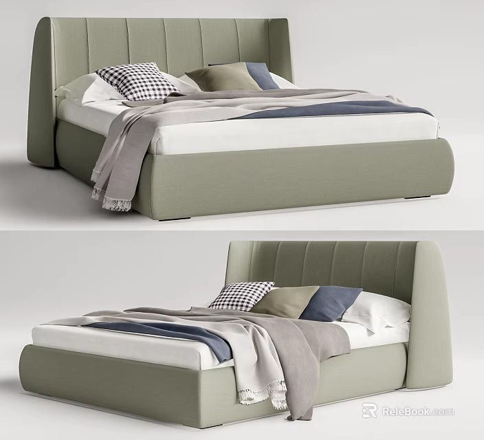 Modern Upholstered Double Bed with Checkered Pillows Grey Blanket and White Bedding 3d model 