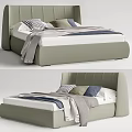 Modern Upholstered Double Bed with Checkered Pillows Grey Blanket and White Bedding
