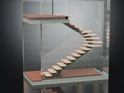 Modern Spiral Staircase With Glass Railing And Light Wood Steps In Interior Space 3d model