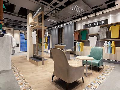 Modern Clothing Store Interior Featuring Displayed T-shirts Colorful Apparel Comfortable Chairs And Table 3d model
