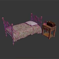 Vintage Bedroom Interior With Iron Bed Patterned Bedspread Wooden Nightstand Vintage Telephone And Brown Trunk