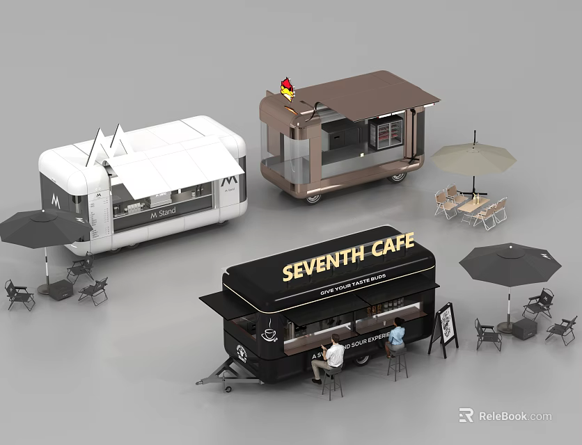 Mobile Food Trucks And Outdoor Seating For Seventh Cafe With Tables And Umbrellas 3d model 