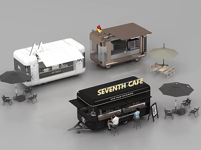 Mobile Food Trucks And Outdoor Seating For Seventh Cafe With Tables And Umbrellas 3d model