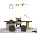 Modern Office Desk Setup With Chair Hanging Light Rug And Stools 3d model
