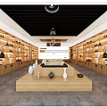 Traditional Chinese Showroom With Wooden Shelves Ceramic Displays Central Platform And Green Plants
