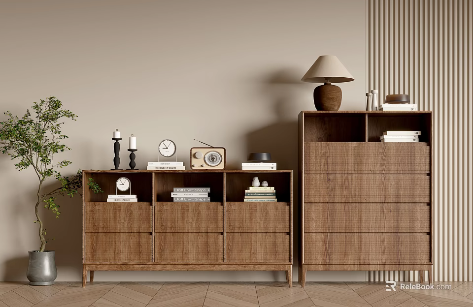 Modern Wooden Console Cabinet And Side Cabinet With Candlesticks Clock Radio Books Table Lamp 3d model 
