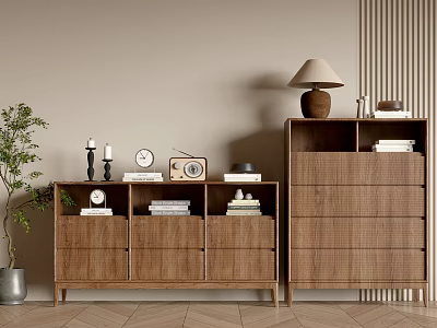 Modern Wooden Console Cabinet And Side Cabinet With Candlesticks Clock Radio Books Table Lamp 3d model