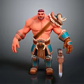 Muscular Male Character With Red Hair Shirtless Torso Blue Bracers Brown Belt And Ornate Weapon
