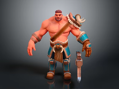 Muscular Male Character With Red Hair Shirtless Torso Blue Bracers Brown Belt And Ornate Weapon 3d model