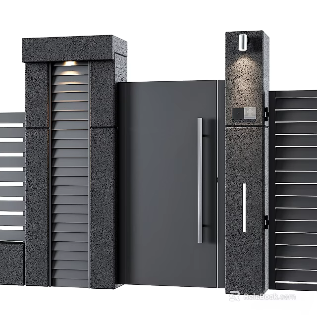 Modern Black Sliding Door Design With Metal Frame And Side Pillar Lighting 3d model 