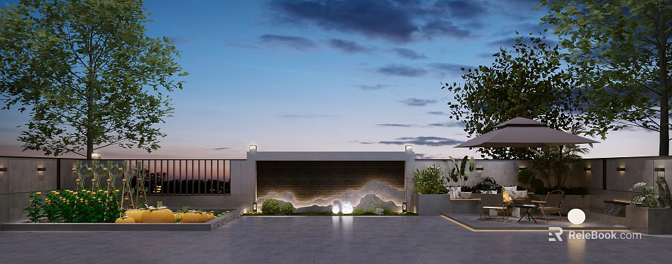 Rooftop Garden With Water Feature Wall Lights Plants And Terrace Seating Area 3d model 