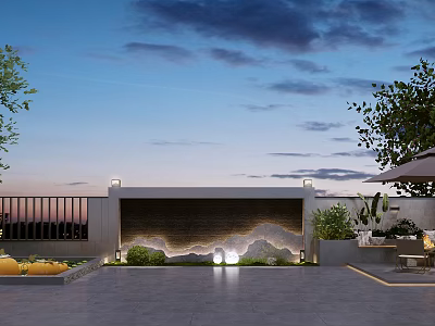 Rooftop Garden With Water Feature Wall Lights Plants And Terrace Seating Area 3d model