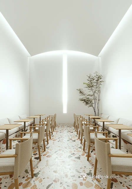 White Teahouse Interior With Arched Ceiling Vertical Light Strip Small Tree And Colorful Mosaic Floor 3d model 