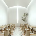 White Teahouse Interior With Arched Ceiling Vertical Light Strip Small Tree And Colorful Mosaic Floor
